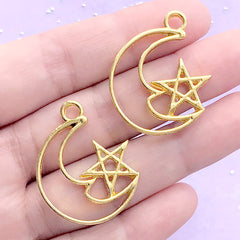 Moon and Star Open Back Bezel Charm | Magical Girl Deco Frame for UV Resin Filling | Kawaii Jewellery Supplies (2 pcs / Gold / 25mm x 31mm)