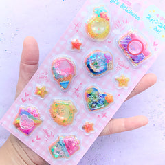 Kawaii Sequin Shaker Stickers | Cute Spangle Stickers | Pineapple Camera Ice Cream Bottle Jar Heart Seashell Star Sticker