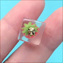 Miniature Strawberry in Ice Cube Charm | Fruit Cube Pendant | Kawaii Jewelry DIY (1 Piece / Red / 12mm x 16mm)