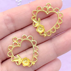 Lace Heart with Flower Open Bezel for UV Resin Filling | Filigree Heart Deco Frame | Kawaii Lolita Resin Jewelry DIY (2 pcs / Gold / 22mm x 25mm)