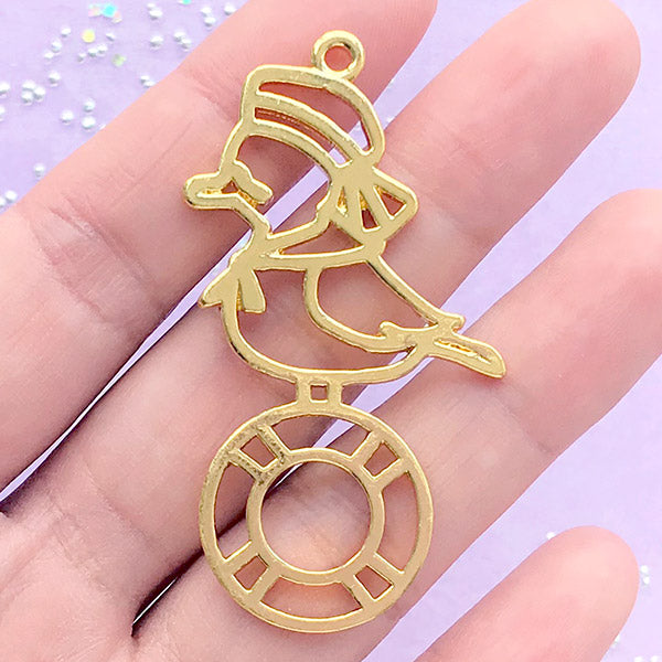 Duck Sailor Open Bezel Charm | Kawaii Nautical Pendant | Marine Deco Frame for UV Resin Jewellery DIY (1 piece / Gold / 30mm x 53mm)