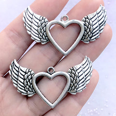 Silver Winged Heart Pendant | Heart Deco Frame for UV Resin Filling | Magical Girl Jewelry DIY (2 pcs / Tibetan Silver / 47mm x 28mm)