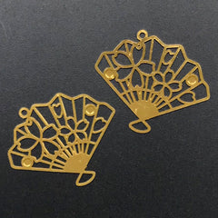 Oriental Cherry Blossom Hand Fan Metal Bookmark Charm | Sakura Deco Frame for UV Resin Filling | Floral Open Bezel (2 pcs / 31mm x 26mm)