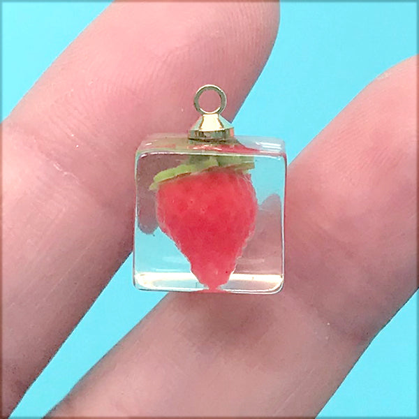 DEFECT Miniature Strawberry in Ice Cube Charm | Fruit Cube Pendant | Kawaii Jewelry DIY (1 Piece / Red / 12mm x 16mm)