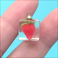 Miniature Strawberry in Ice Cube Charm | Fruit Cube Pendant | Kawaii Jewelry DIY (1 Piece / Red / 12mm x 16mm)
