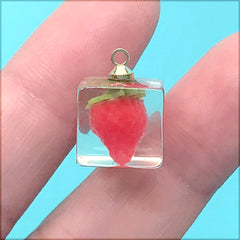 DEFECT Miniature Strawberry in Ice Cube Charm | Fruit Cube Pendant | Kawaii Jewelry DIY (1 Piece / Red / 12mm x 16mm)