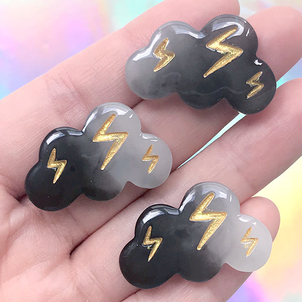 Black Thunder Cloud Cabochons | Thunderstorm Embellishments | Decoden Resin Cabochon Supplies (3 pcs / 31mm x 20mm)