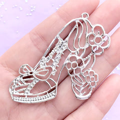 Floral High Heel Open Bezel Pendant for UV Resin Filling | Flower Shoe Charm | Kawaii Jewelry Supplies (1 piece / Silver / 57mm x 48mm)