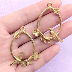 Bird with Teardrop Deco Frame for UV Resin Filling | Flower and Bird Open Bezel | Resin Jewellery Supplies (2 pcs / Gold / 31mm x 41mm)