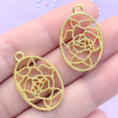 Oval Rose Tag Open Bezel for UV Resin Filling | Vintage Flower Deco Frame | Resin Jewelry Making (2 pcs / Gold / 18mm x 28mm)