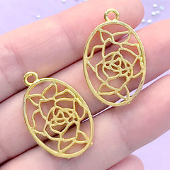 Oval Rose Tag Open Bezel for UV Resin Filling | Vintage Flower Deco Frame | Resin Jewelry Making (2 pcs / Gold / 18mm x 28mm)