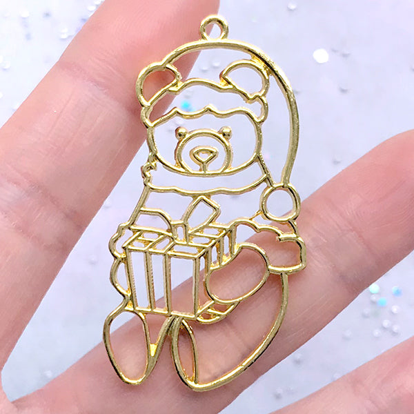 Bear Santa Claus Open Bezel Pendant | Kawaii Christmas Open Frame Charm for UV Resin Filling (1 piece / Gold / 28mm x 50mm)