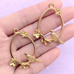 Bird with Teardrop Deco Frame for UV Resin Filling | Flower and Bird Open Bezel | Resin Jewellery Supplies (2 pcs / Gold / 31mm x 41mm)