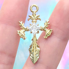 Foliated Cross Charm with Rhinestone | Fleury Cross Pendant | Religion Jewelry DIY Supplies (1 piece / Gold / 19mm x 33mm)