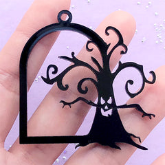 Scary Tree Acrylic Open Bezel Charm | Halloween Deco Frame Pendant | UV Resin Jewelry Supplies (1 piece / Black / 50mm x 49mm / 2 Sided)