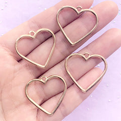 Hollow Heart Charm | Open Bezel for UV Resin Jewellery DIY | Outlined Heart Pendant | Kawaii Deco Frame (4 pcs / Gold / 27mm x 25mm)