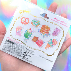 Pastel Food and Drink Sticker Flakes | Donut Pancake Popcorn Ice Cream Sundae Chocolate Stickers | Kawaii Planner Deco (8 Designs / 48 Pieces)