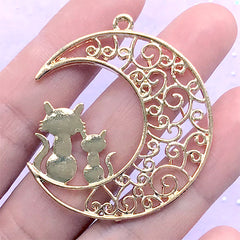 Filigree Moon and Cat Open Bezel | Magical Girl Charm | Kawaii Deco Frame for UV Resin Filling (1 piece / Rose Gold / 38mm x 43mm)