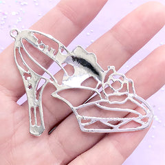 Silver High Heel with Rose Open Bezel Charm | Flower Shoe Deco Frame | UV Resin Jewellery Supplies (1 piece / Silver / 58mm x 45mm)
