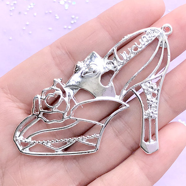 Silver High Heel with Rose Open Bezel Charm | Flower Shoe Deco Frame | UV Resin Jewellery Supplies (1 piece / Silver / 58mm x 45mm)