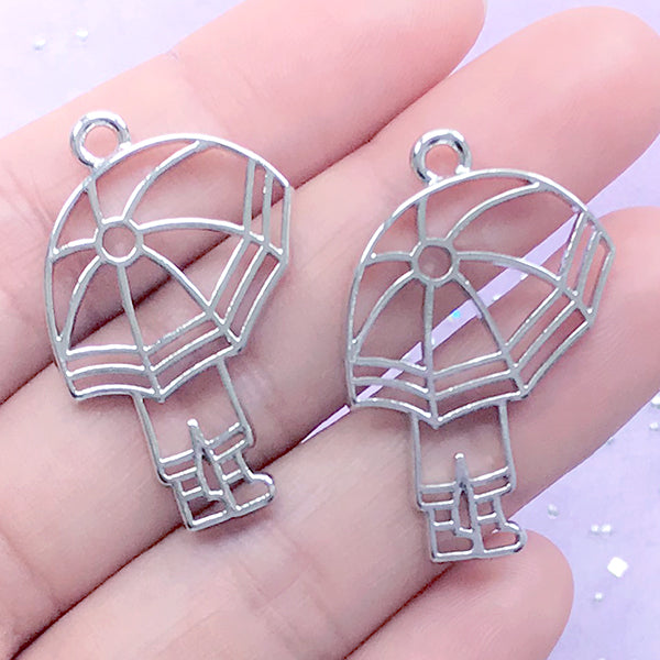 Umbrella and Little Boy Open Bezel Charm | Kawaii Deco Frame for UV Resin Filling | Resin Jewelry Supplies (2 pcs / Silver / 22mm x 33mm)