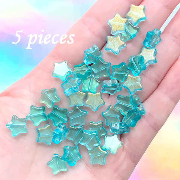 Star Beads | Small Glass Bead | Kawaii Bracelet DIY | Cute Jewelry Supplies  (Blue Green Gold / 5 pcs / 10mm x 9mm)