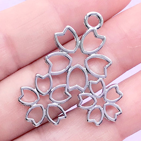 Sakura Open Back Bezel for UV Resin Filling | Flower Pendant | Floral Charm | Cherry Blossom Deco Frame (1 piece / Silver / 28mm x 31mm)
