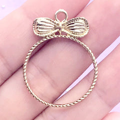 Round Deco Frame with Bow for UV Resin Filling | Kawaii Open Bezel Charm | Cute Resin Jewelry Supplies (1 piece / Gold / 24mm x 32mm)