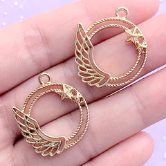 Kawaii Round Deco Frame with Angel Wings | Magical Girl Open Bezel | Mahou Kei Charm | UV Resin Crafts (2 pcs / Gold / 23mm x 25mm)