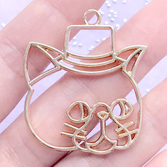 CLEARANCE Gentleman Cat with Hat Open Bezel Pendant for UV Resin Filling | Animal Open Frame | Kawaii Resin Jewellery Supplies (1 piece / Gold / 34mm x 41mm)