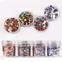 Colorful Chunky Hexagon Glitter Mix in Festive Color (4 pcs) | Iridescent Sprinkles | Rainbow Confetti Flakes | Bling Bling Embellishment for Resin Art (1-3mm)