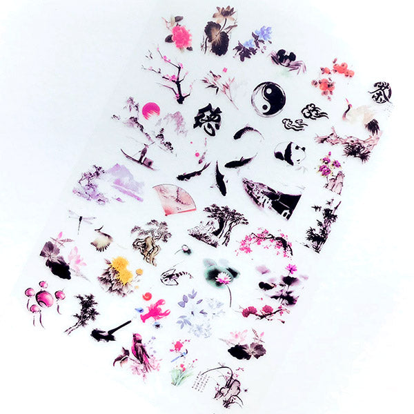 Oriental Chinese Painting Clear Film Sheet for Resin Decoration | Nature Embellishments in Ink Wash Painting Style | Resin Jewellery Supplies