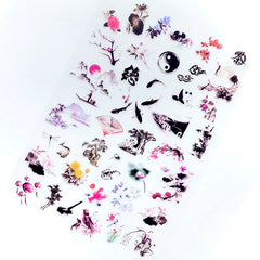 Oriental Chinese Painting Clear Film Sheet for Resin Decoration | Nature Embellishments in Ink Wash Painting Style | Resin Jewellery Supplies