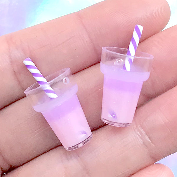 Miniature Beverage Charm | Dollhouse Milkshake Cocktail with Straw | Galaxy Gradient Doll Drink | Kawaii Food Jewelry Supplies (2 pcs / Purple Pink / 13mm x 18mm)