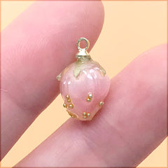 Mini Flower Bud Charm with Sprinkles | Shrink Plastic Rose Bud in 3D | Whimsical Floral Jewelry DIY (1 Piece / Pink / 9mm x 15mm)