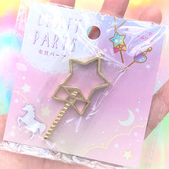 Star Magic Wand Open Bezel Charm | Magical Girl Jewelry DIY | Kawaii Deco Frame for UV Resin Filling (1 piece / Gold / 27mm x 59mm)