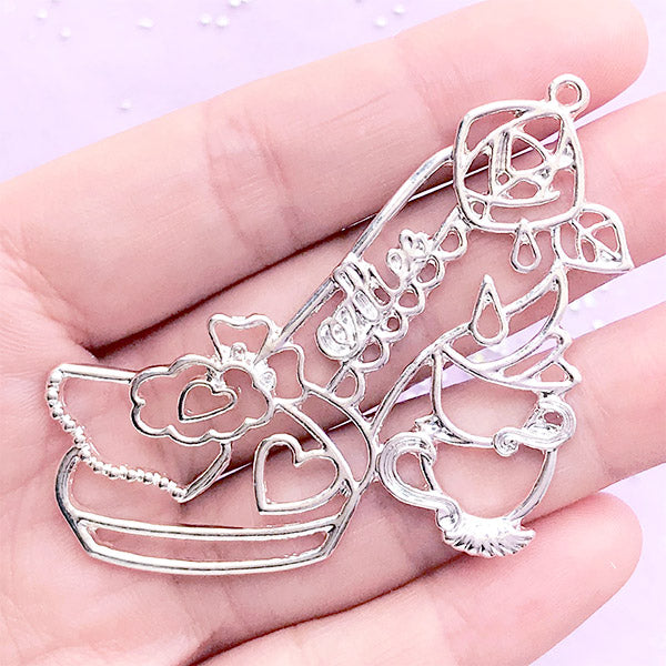Tea Time High Heel Open Back Bezel | Alice in Wonderland Shoe Pendant | Fancy Deco Frame for UV Resin Craft (1 piece / Silver / 56mm x 44mm)