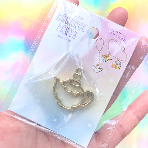 Teapot Open Bezel Charm | Tea Time Jewellery Making | Alice in Wonderland Deco Frame for UV Resin Filling (1 piece / Gold / 31mm x 30mm)