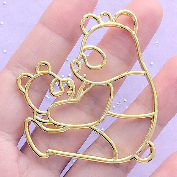 Panda Mother and Baby Open Bezel | Mom and Child Charm | Animal Deco Frame for UV Resin | Mother's Day Gift (1 piece / Gold / 51mm x 55mm)
