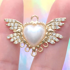 Winged Heart Connector Charm with Rhinestones and Pearls | Heart with Angel Wing Pendant | Kawaii Mahou Kei Jewellery Making (1 piece / Gold / 33mm x 22mm)