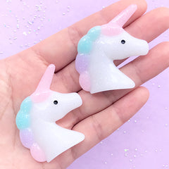 Glittery Unicorn Head Cabochons | Shimmer Resin Cabochon in Pastel Color | Mahou Kei Decoden Pieces (2 pcs / 40mm x 43mm)
