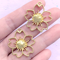 Sakura Open Bezel Charm | Cherry Blossom Pendant | Floral Deco Frame for UV Resin Filling | Spring Jewelry Supplies (2 pcs / Yellow Gold / 28mm x 30mm)