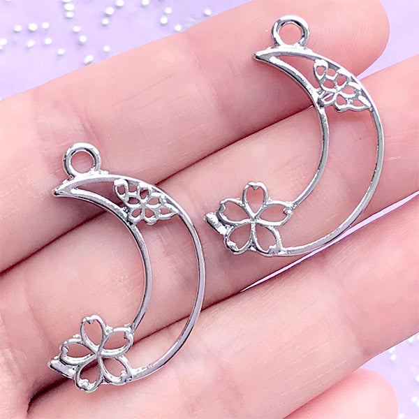 Moon and Cherry Blossom Open Bezel for UV Resin Filling | Floral Pendant | Flower Charm | Sakura Deco Frame (2 pcs / Silver / 18mm x 29mm)