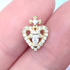Cross Heart Nail Charm with Bling Rhinestones | Metal Embellishment | Kawaii Nail Design | Luxury Resin Inclusion (1 piece / Gold / 8mm x 11mm)