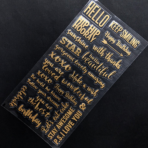 Greeting Encouraging Message Sticker in Gold Color | Word Embellishments for Resin Art | Clear Film Sticker | Scrapbooking Supplies