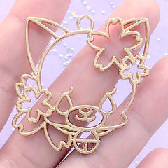 Kawaii Animal with Sakura Open Bezel | Cherry Blossom Cat Deco Frame for UV Resin Filling | Flower Dog Charm (1 piece / Gold / 42mm x 43mm)