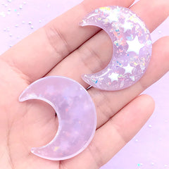 Kawaii Moon and Star Cabochon with Mica Flakes | Glittery Decoden Embellishments | Resin Flatbacks (2 pcs / Light Purple / 31mm x 36mm)