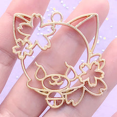 Kawaii Animal with Sakura Open Bezel | Cherry Blossom Cat Deco Frame for UV Resin Filling | Flower Dog Charm (1 piece / Gold / 42mm x 43mm)