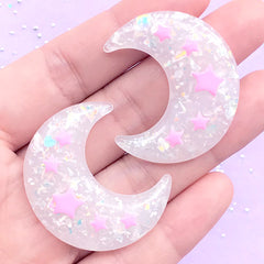 Resin Moon and Star Cabochons | Cute Decoden Pieces | Kawaii Cabochon | Magical Girl Jewelry Supplies (2 pcs / White / 31mm x 36mm)