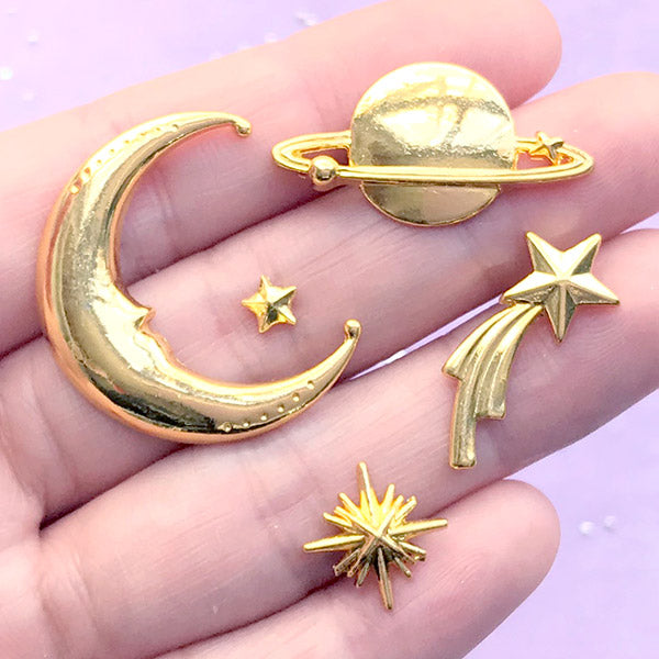 DEFECT Astronomy Resin Inclusion Assortment | Metal Embellishment for Kawaii UV Resin Craft | Moon Shooting Star North Star Planet Saturn (5 pcs / Gold)